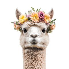 Obraz premium Adorable Alpaca in Flower Crown on transparent background.