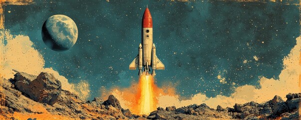 Retro rocket ship flying towards the moon in space art