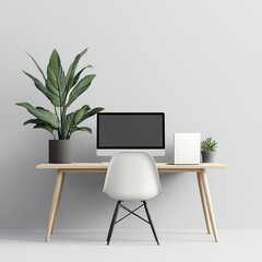 Minimalist workspace with computer, plants, and chair.