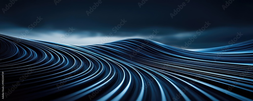 Wall mural cloudy abstract background idea. serene abstract landscape with flowing blue lines and dark backdrop