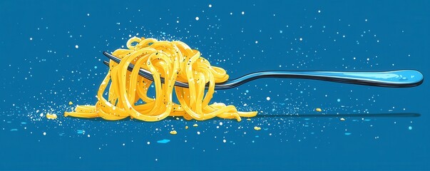 Elegant close-up of spaghetti with fork against blue background