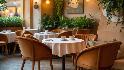 Fototapeta premium Bright and welcoming cafe interior featuring plants, colorful chairs, and natural light