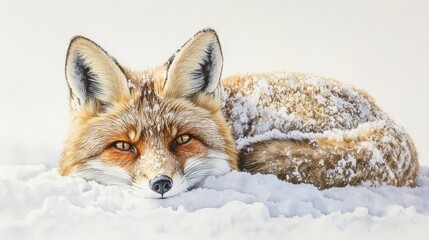Obraz premium Beautiful Red Fox Lying in Snowy Landscape with Soft Fur and Eyes