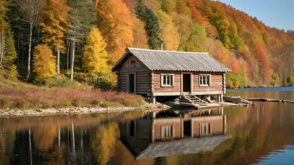 Fototapeta premium The autumn scene depicts a cozy wooden hut located on the shore of a calm lake. Around the house are trees with golden and bright red leaves.
