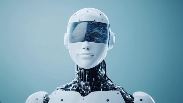Humanoid Robot Portrait: Close-up of a sleek, futuristic humanoid robot's face, featuring a transparent visor revealing complex internal circuitry. The robot's expression is calm and neutral.
