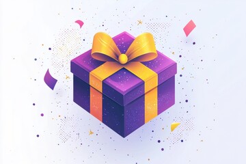Obraz premium Vibrant geometric gift box with yellow ribbon and confetti