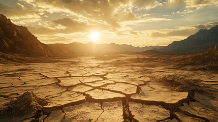Dry cracked desert landscape under the golden sunlight, showcasing extreme drought and arid climate conditions. Generative AI