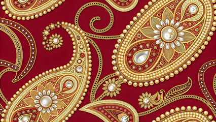 Seamless pattern paisley red and gold ornament.