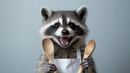 A cheerful raccoon chef proudly displays wooden spoons, ready to cook up a culinary storm.  He's wearing a tiny apron, showcasing a fun and quirky personality.