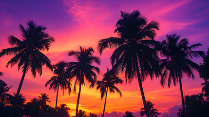 Stunning Tropical Sunset With Silhouettes Of Palm Trees Against A Vibrant Pink, Orange, And Purple Sky. Generative AI
