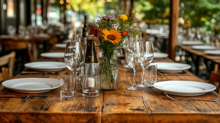 Rustic Outdoor Restaurant Table Setting with Flowers and Wine Glasses