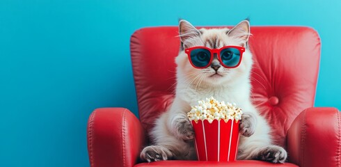 A cat wearing sunglasses and holding a red popcorn bucket
