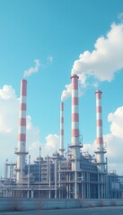 Obraz premium Industrial complex with tall red and white striped chimneys under a blue sky, Industry