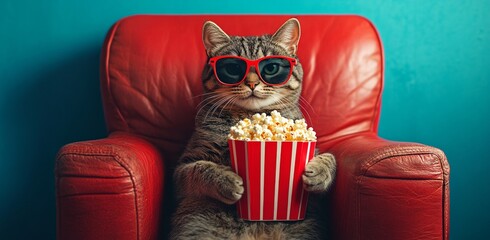A cat wearing sunglasses and holding a red popcorn bucket