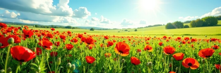 A sea of red poppies waves gently in a lush green meadow under a bright summer sky , nature, flowers, countryside