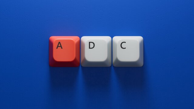 Computer keyboard keys with adc text. Financial, marketing.close up of Computer keyboard keys,Business Concept.3D rendering on blue background.