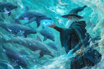 Fototapeta premium The dolphin wizard a magical guardian of the ocean and its enchanted sea creatures