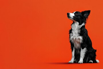 Obraz premium A black and white dog is looking up at the camera