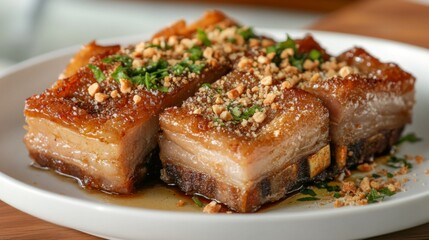 A close-up of sizzling fried pork belly pieces with a glistening layer of fish sauce, placed on a white plate with a light garnish of herbs and a soft, blurred background