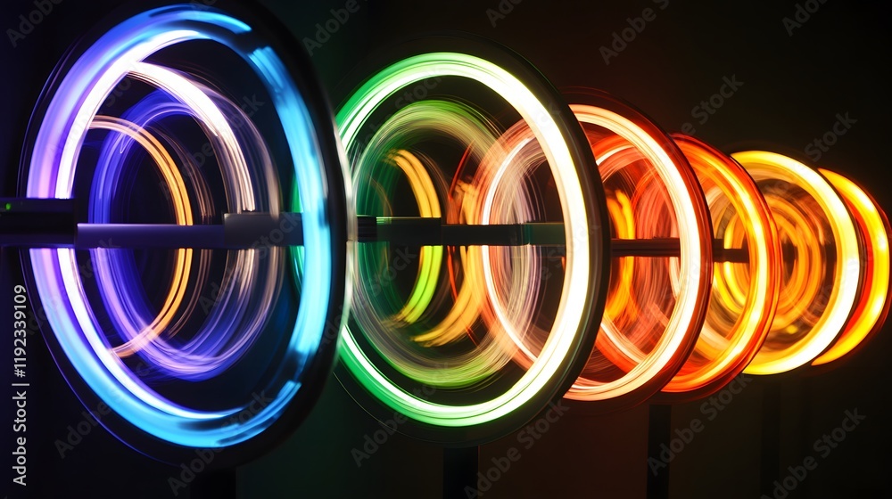 Poster dynamic light trails abstract photography colorful circular patterns studio setting close-up visual 