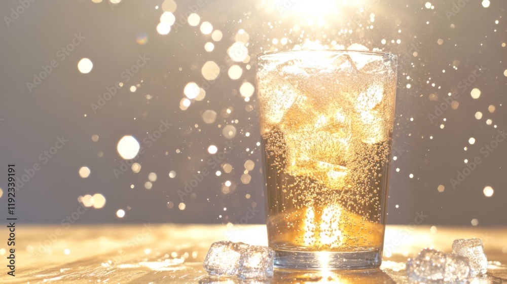 Poster a close-up shot of a glass filled with sparkling soda and ice cubes, with bubbles rising to the surf
