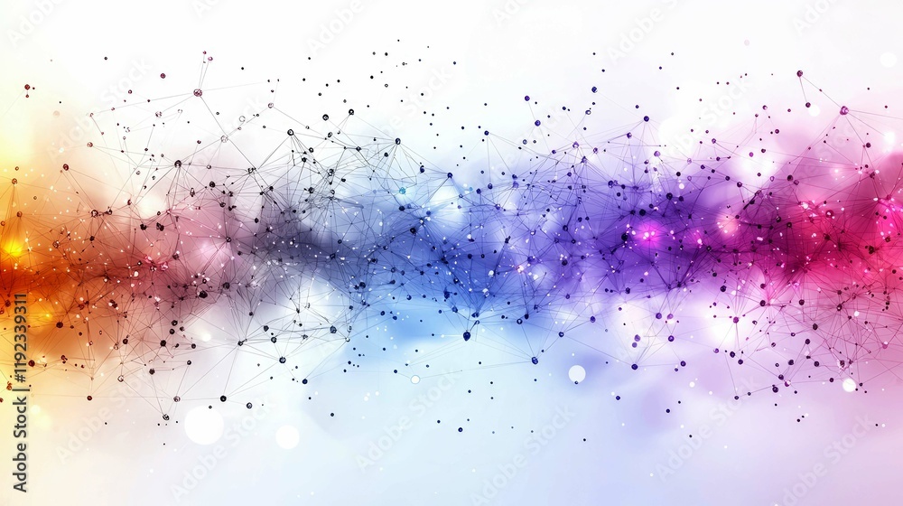 Poster abstract network connection: colorful nodes and lines, digital data visualization, futuristic techno