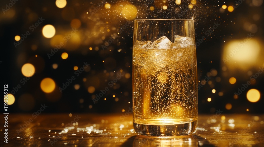 Poster a close-up shot of a glass filled with sparkling soda and ice cubes, with bubbles rising to the surf