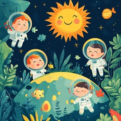 Naklejka premium Happy Children in Space with Sun and Planets Surrounded by Nature