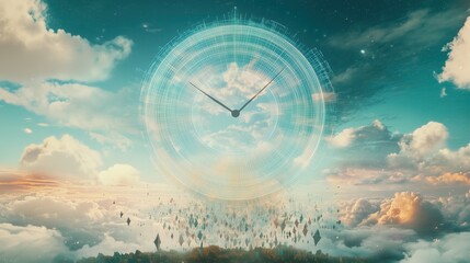 Surreal Floating Clock in Expansive Sky Reflecting Time and Infinity