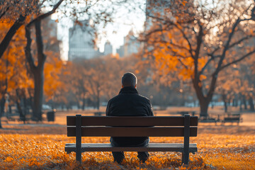A man sitting alone on a bench under a tree in the park.
Back view.