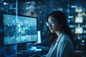 A woman is looking at a computer screen with a lot of lines and numbers