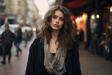 Fototapeta premium A woman with long brown hair is standing on a city street