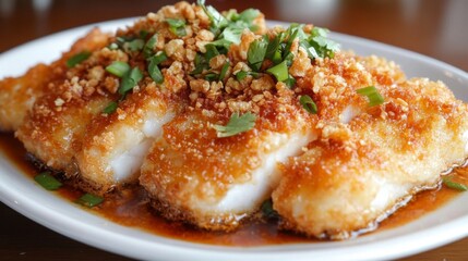 A crispy fried seabass topped with golden fish sauce, served on a white plate with garnish, showcasing a delicious Thai dish with vibrant colors and textures