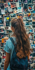 Fototapeta premium woman with backpack looks at photo collage wall
