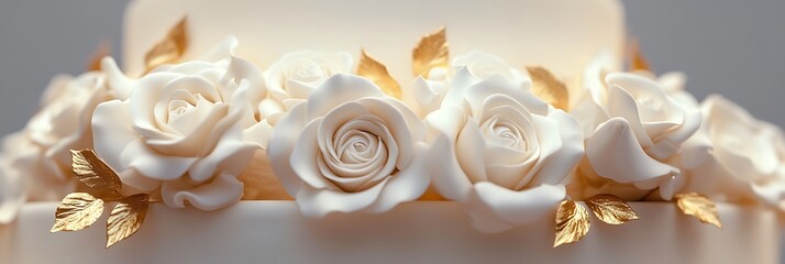 Wedding Cake Decorated with White Roses and Gold Leaf Accents