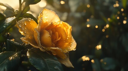A detailed shot of a flower with dewdrops on its petals, captured in the soft morning sunlight, with vibrant colors and natural textures