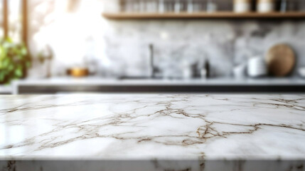 Elegant marble countertop in modern kitchen with soft natural light and blurred background