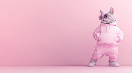 Stylish cat in pink hoodie and sunglasses standing confidently
