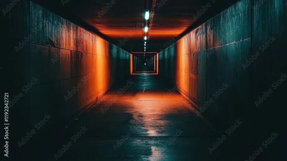 Leinwandbilder A dimly lit subway tunnel with smooth concrete walls and track rails leading into the distance, illuminated by soft lights along the walls, creating a mysterious atmosphere