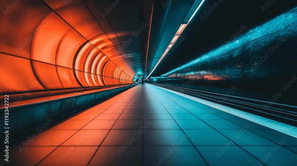 Leinwandbilder A dimly lit subway tunnel with smooth concrete walls and track rails leading into the distance, illuminated by soft lights along the walls, creating a mysterious atmosphere