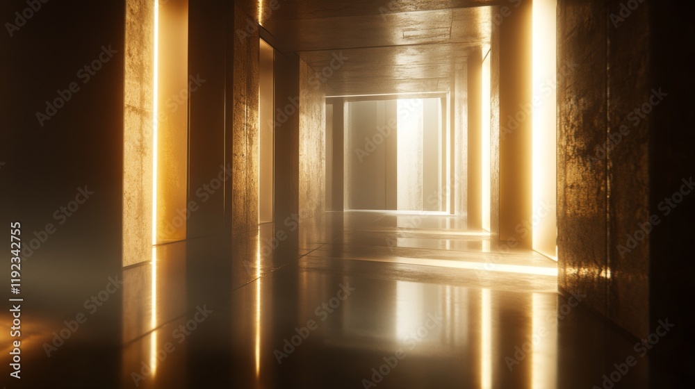Leinwandbilder A dimly lit subway tunnel with smooth concrete walls and track rails leading into the distance, illuminated by soft lights along the walls, creating a mysterious atmosphere