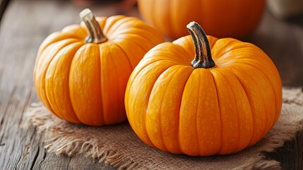 Two Vibrant Pumpkins on Rustic Wooden Surface