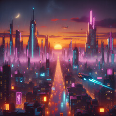 Fototapeta premium Cyberpunk Cityscape at Dusk