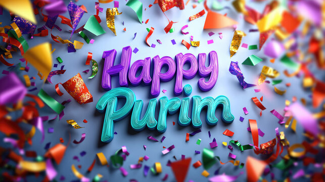 Colorful purim celebration with festive confetti and vivid party decorations. Purim Festival - Vibrant Jewish Carnival with Costumes, Masks