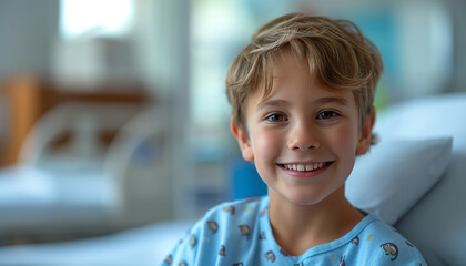 Boy fighting cancer wearing hospital patient dress, smiling and seeing the camera, blurry hospital background
