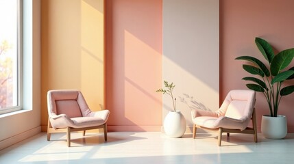 Fototapeta premium Serene Living Room with Pastel Pink Armchairs and Natural Sunlight