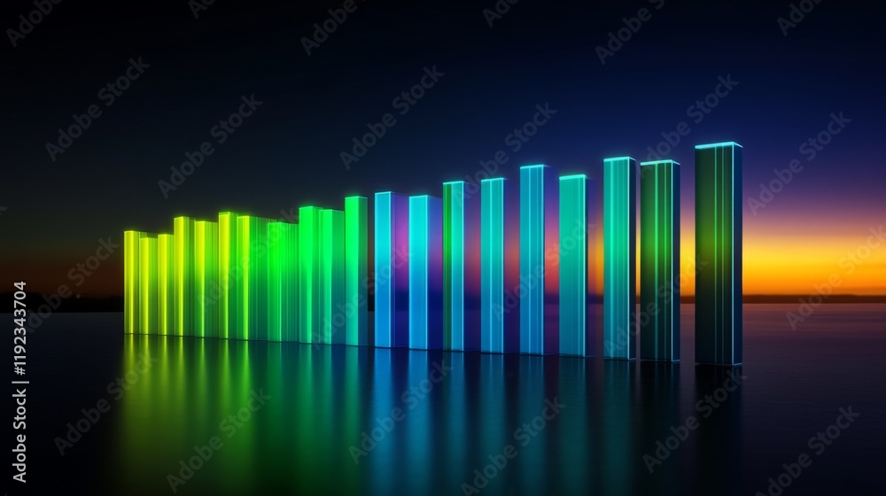 Poster a financial bar graph displayed on a desktop monitor with vibrant bars in shades of green and blue, 