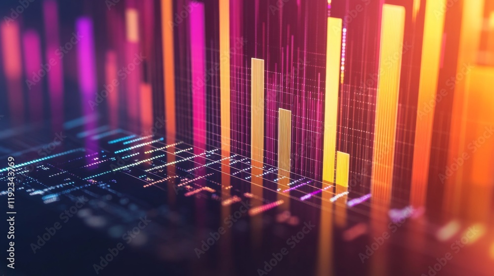 Poster a financial bar graph on a laptop screen with clear, vibrant bars in different colors, depicting mar