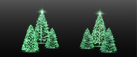 Realistic glowing Christmas trees. Sparkling lights in the form of a Christmas tree with bright shiny particles. Magical design for Christmas party, png.