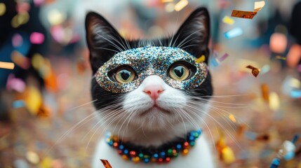 Tuxedo cat in glittery mask amidst colorful confetti celebration. Mardi Gras, Fat Tuesday, Carnival Season. Bright Parades, Masks, Festive Costumes, Vibrant Atmosphere